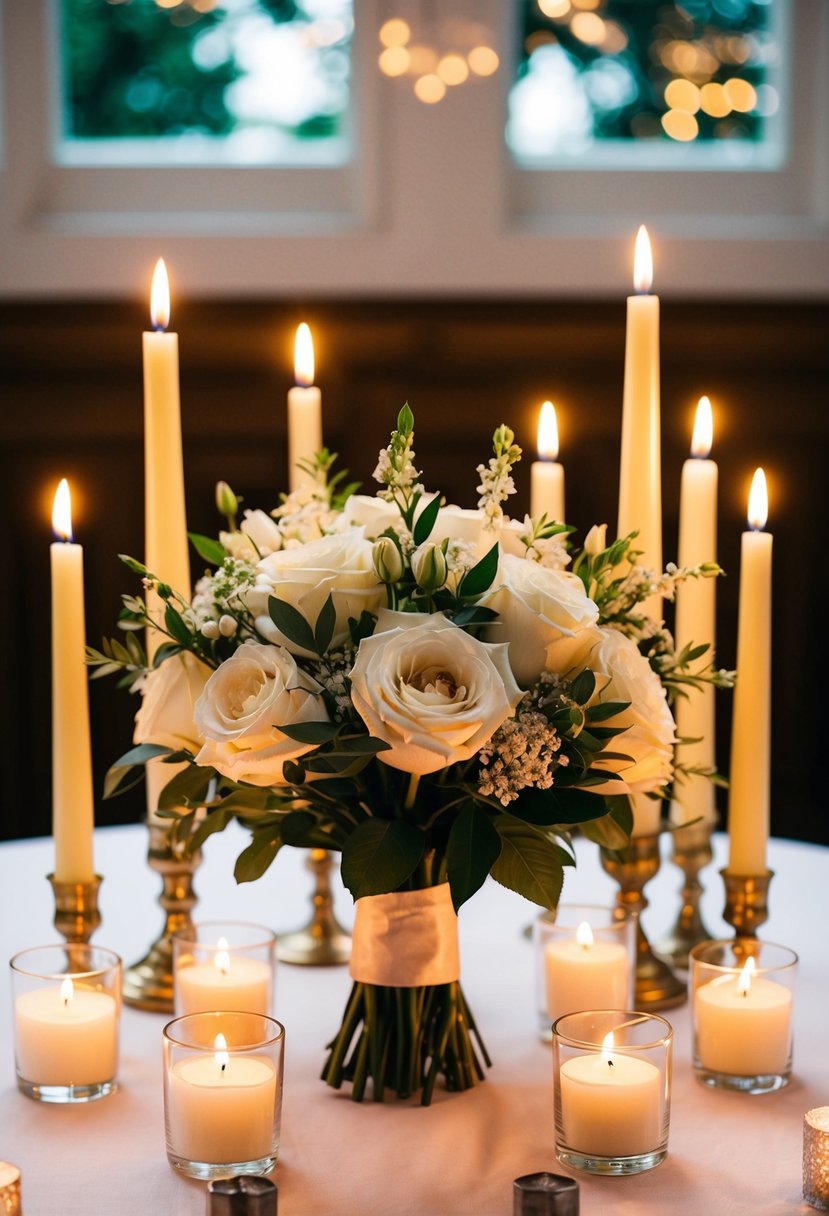 A wedding bouquet surrounded by flickering candles, creating a romantic and intimate keepsake display