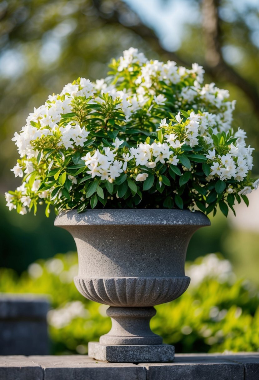 A stone planter filled with jasmine blooms, ready for a wedding bouquet