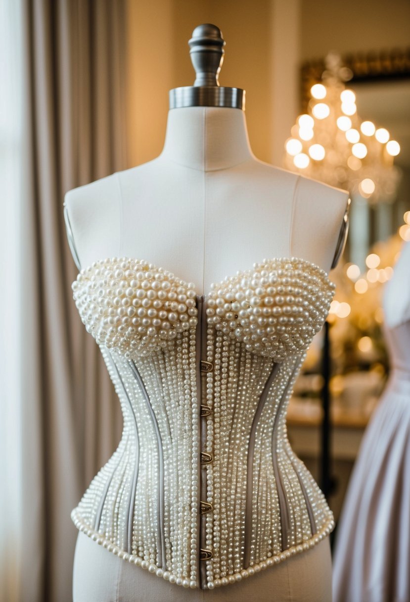 A sparkling pearl corset dress displayed on a mannequin, surrounded by soft lighting and elegant decor