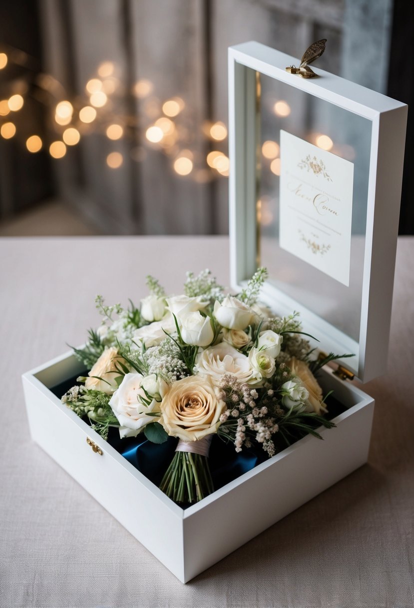 A shadow box filled with preserved wedding bouquet flowers, arranged in a delicate and romantic display