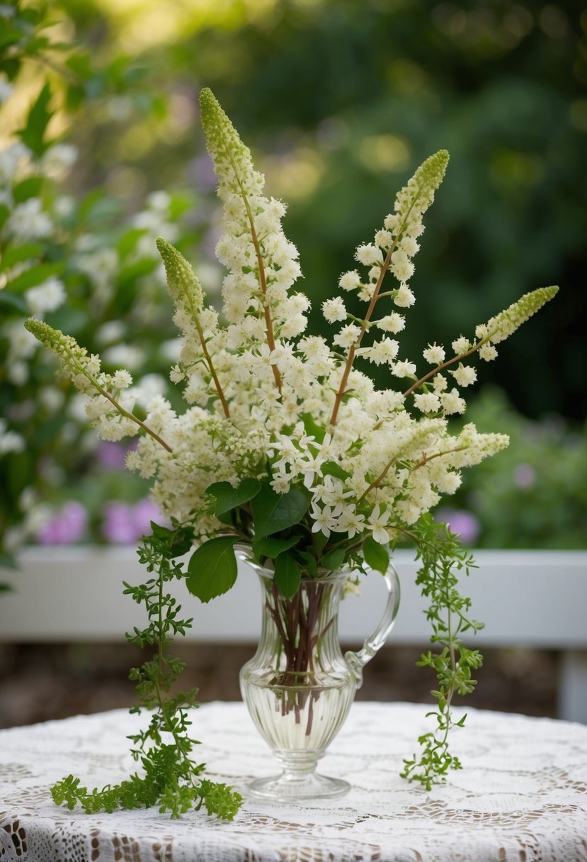 A delicate bouquet of jasmine and astilbe, with trailing greenery, sits in a vintage glass vase on a lace-covered table