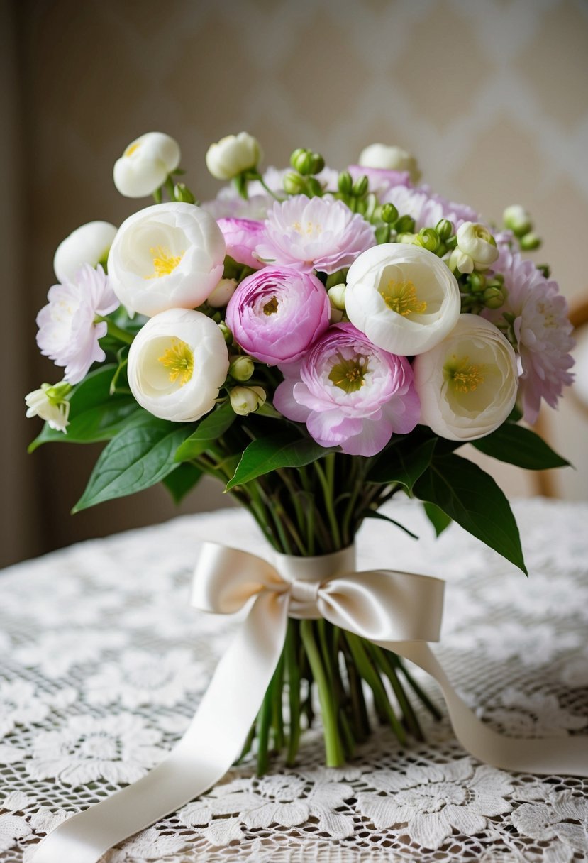 A delicate bouquet of pastel jasmine and ranunculus, tied with a satin ribbon, rests on a vintage lace tablecloth