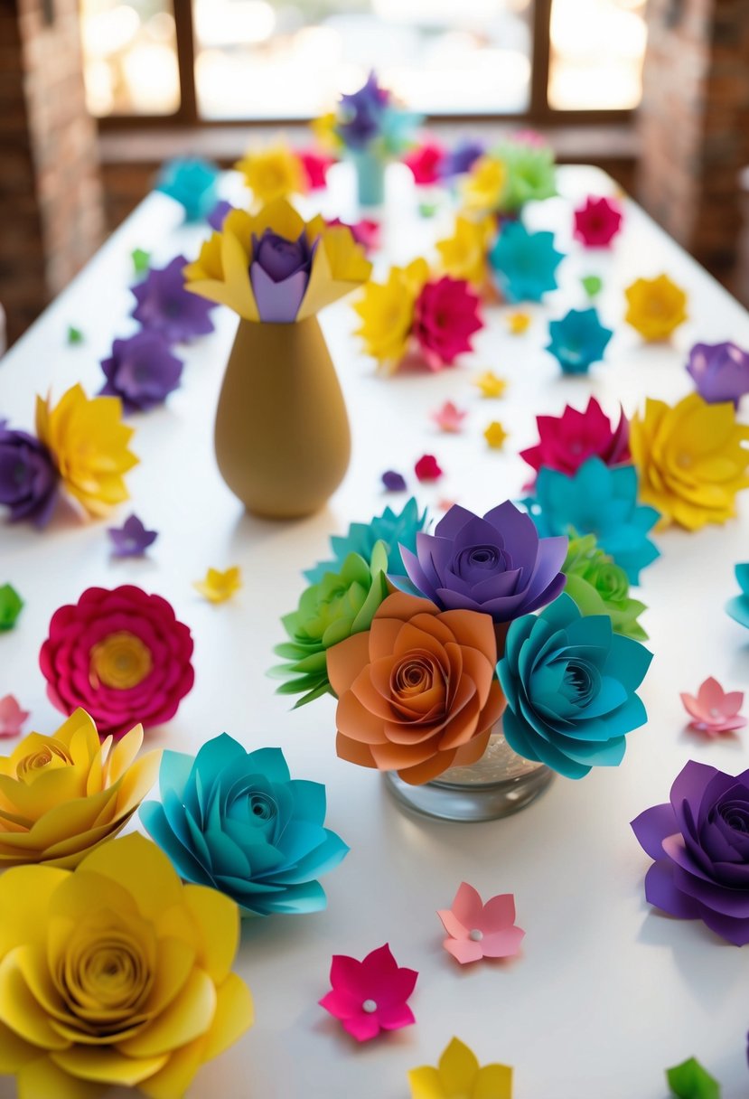 A table scattered with colorful 3D paper flowers, arranged in a wedding bouquet style. Some flowers are in vases, others scattered on the table