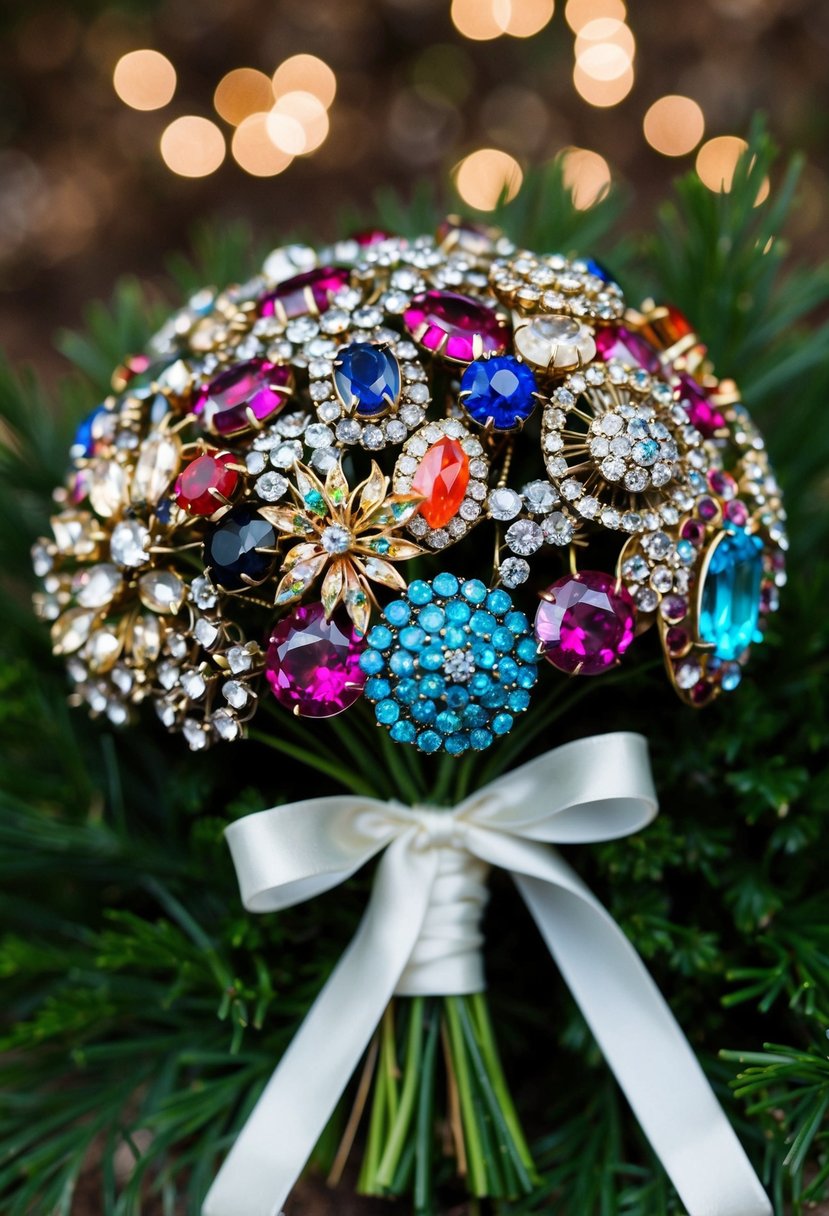 A collection of colorful brooches and jewels arranged in a bouquet shape, with sparkling beads and ribbons intertwined throughout