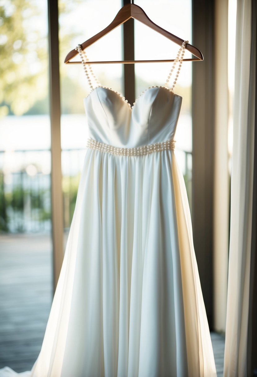 A flowing white wedding dress adorned with delicate pearl trim hangs on a satin hanger, bathed in soft natural light