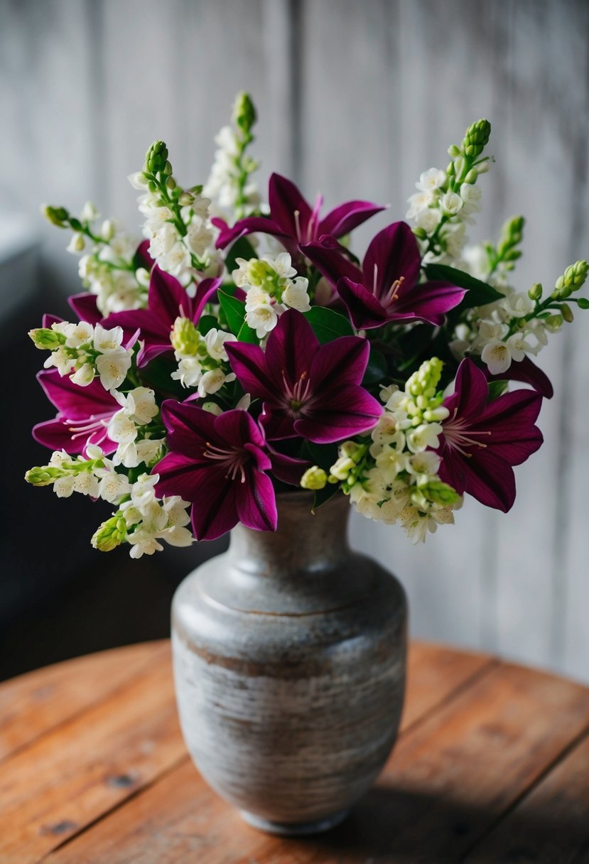 A bold jasmine bouquet with dark pink highlights, arranged in a rustic vase on a wooden table