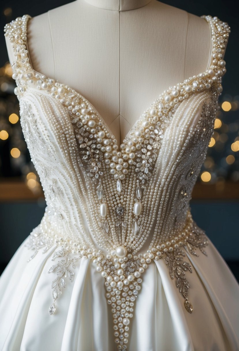 A white wedding dress adorned with intricate pearl embellishments, cascading down the bodice and flowing into the skirt