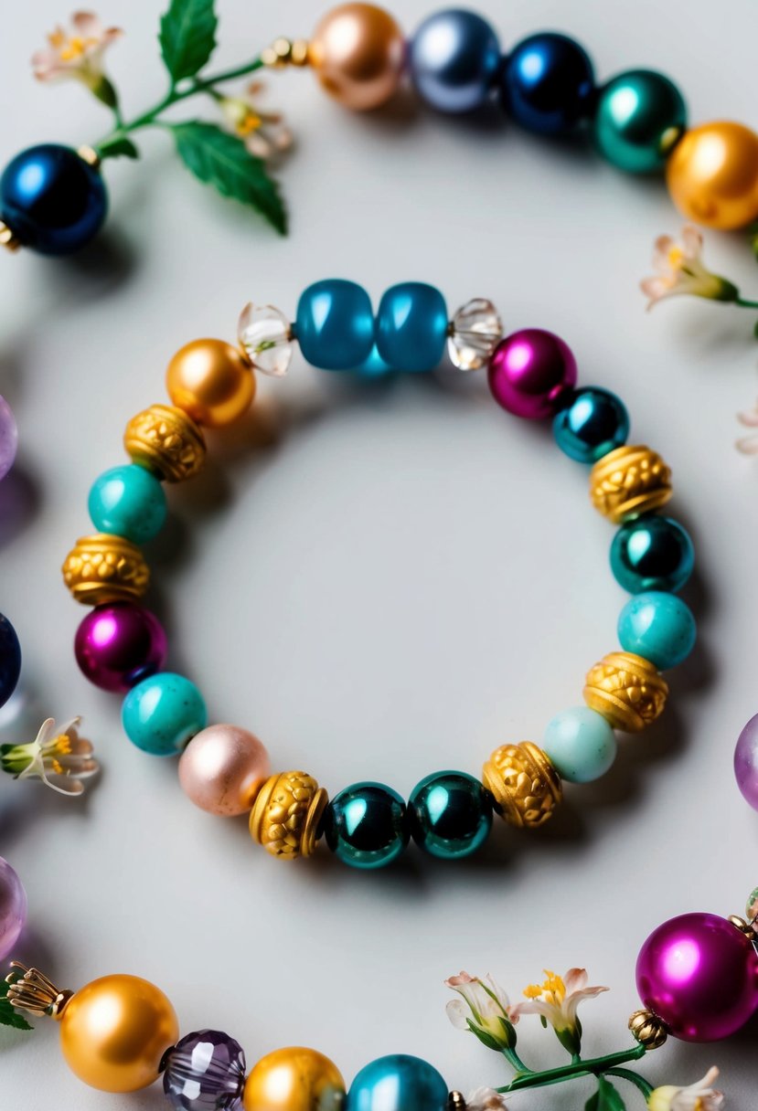 Assorted beads in various sizes and colors arranged in a circular pattern, with delicate flowers and leaves intertwined throughout