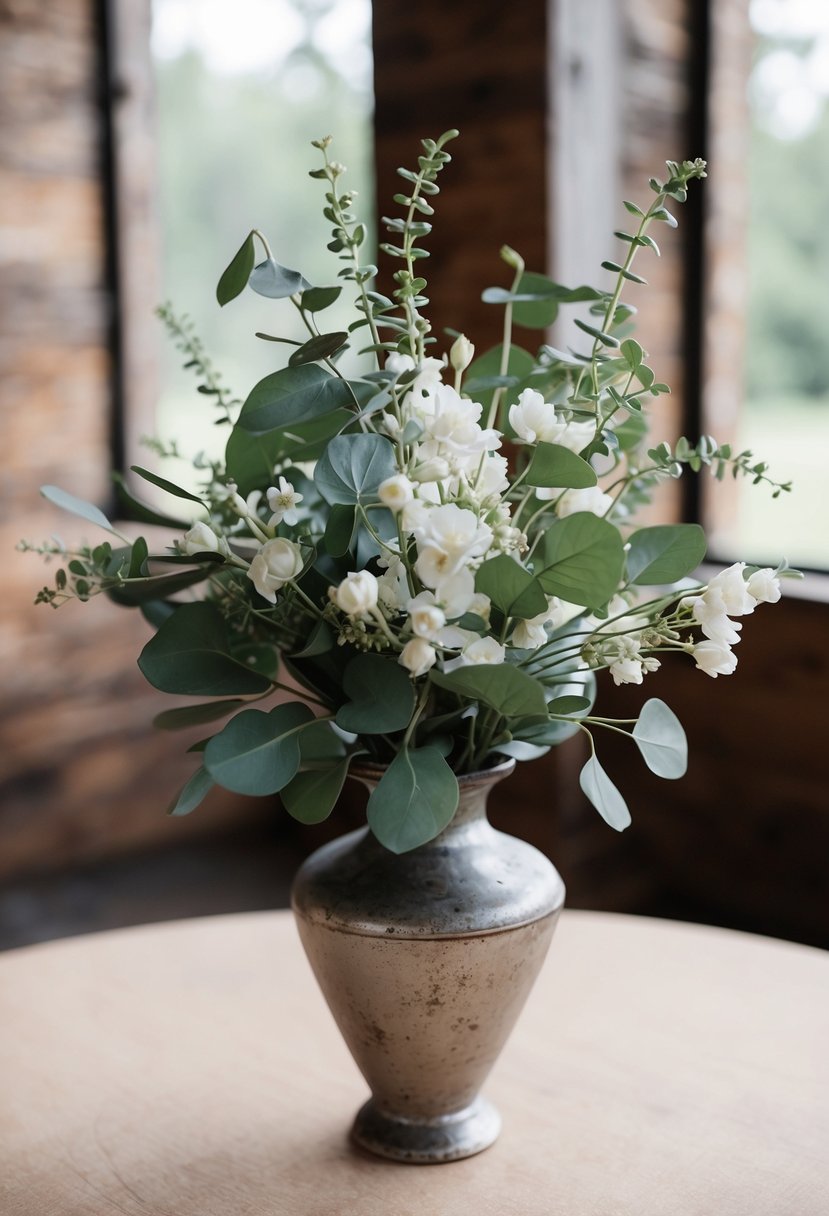 A whimsical jasmine and faux eucalyptus wedding bouquet, with delicate white flowers and greenery, arranged in a rustic, vintage-inspired vase