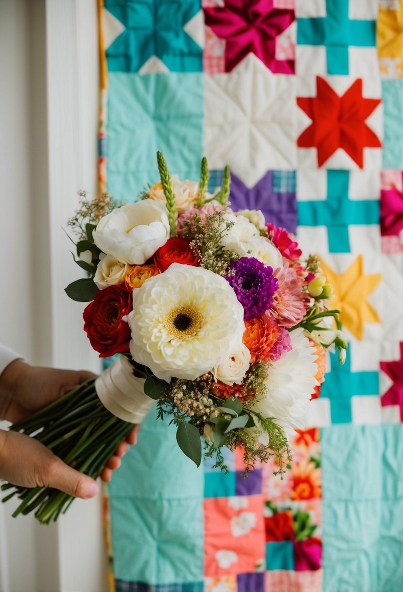 A colorful quilt patch with intertwined wedding bouquet flowers