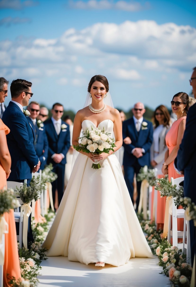 A radiant bride in a chic pearl wedding dress walks down a flower-lined aisle