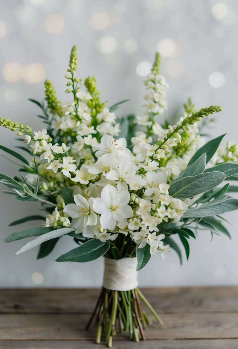 A delicate bouquet of jasmine and sage ruscus, arranged in a dreamy and romantic style