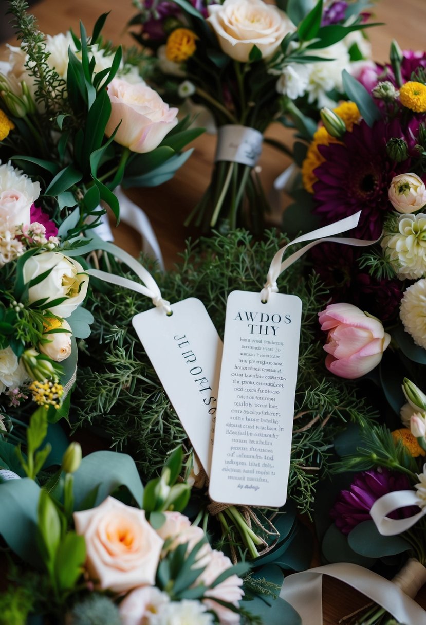 A collection of personalized bookmarks nestled among a vibrant array of wedding bouquet ideas, showcasing a mix of flowers, ribbons, and greenery