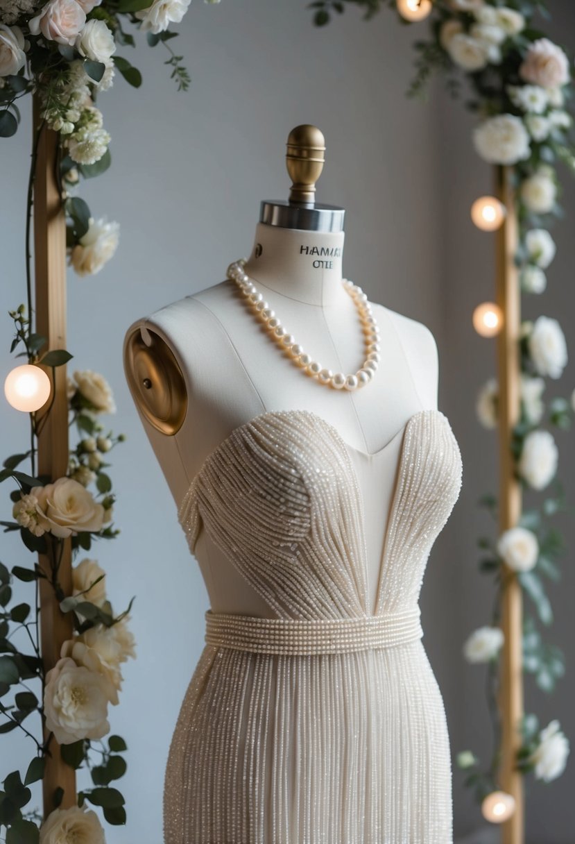 A mannequin wearing an elegant pearl sheath dress, surrounded by soft lighting and delicate floral arrangements