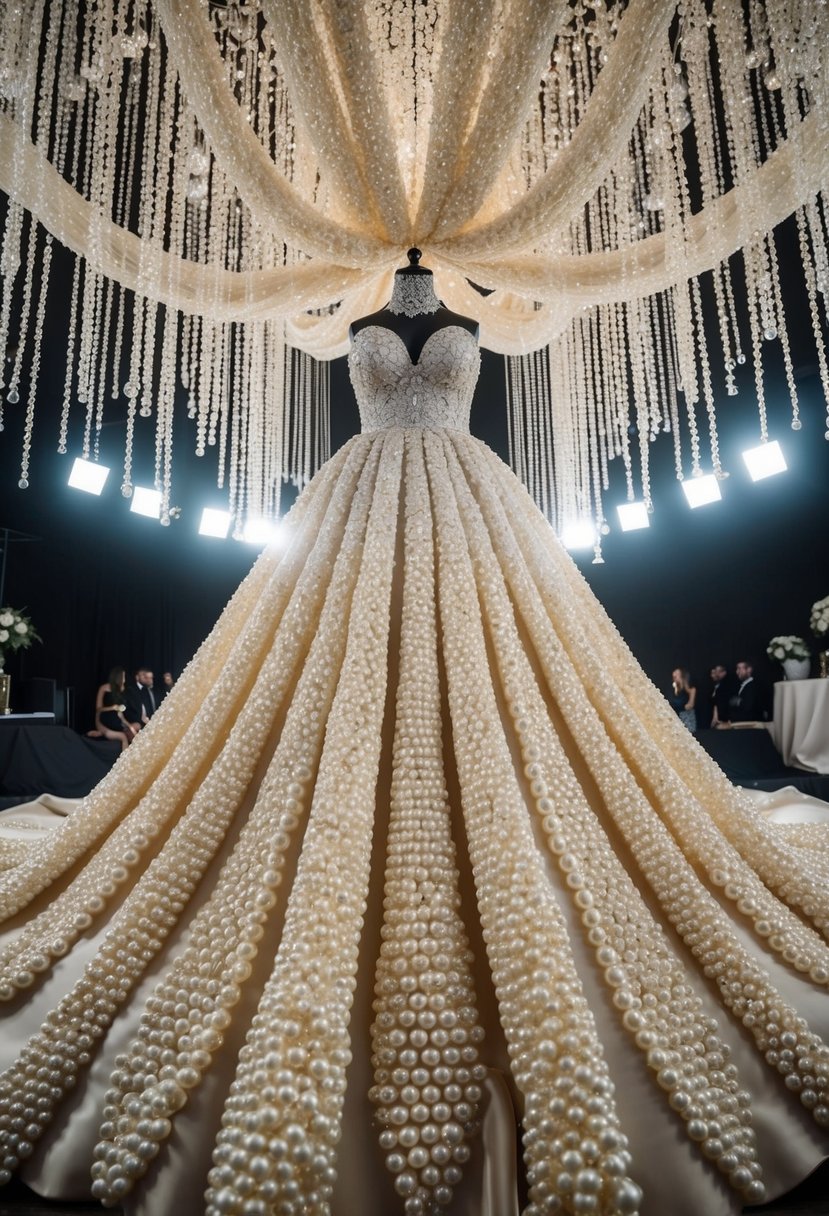 A grand, floor-length gown adorned with lustrous pearls, cascading down in elegant patterns, catching the light in a mesmerizing display of opulence