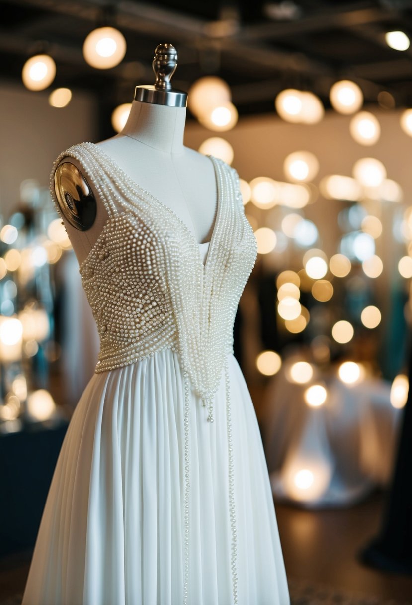 A flowing pearl-accented wedding dress on a mannequin