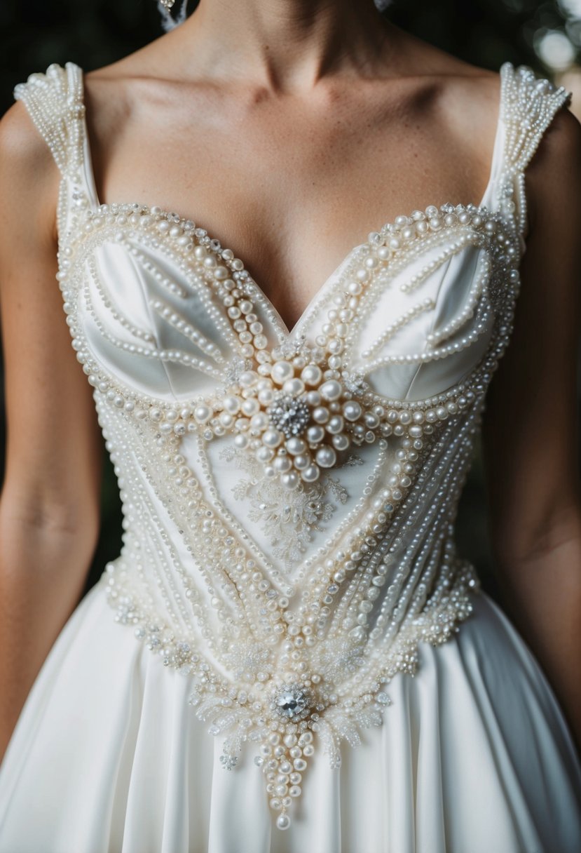 A white wedding dress with a pearl-decorated bodice, featuring intricate, stylish designs