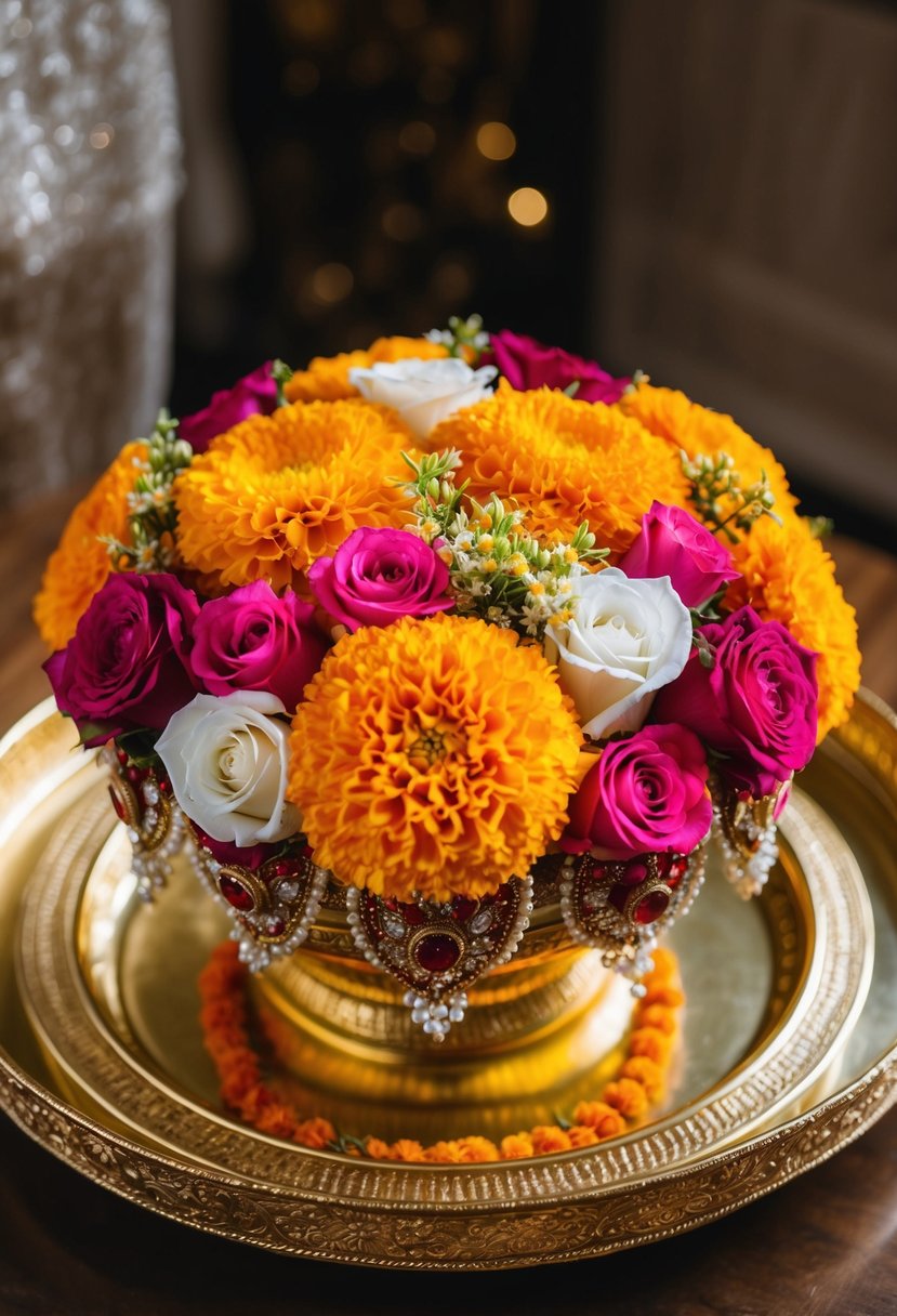 A vibrant bouquet of marigolds, roses, and jasmine, adorned with traditional Indian embellishments, sits on a golden tray