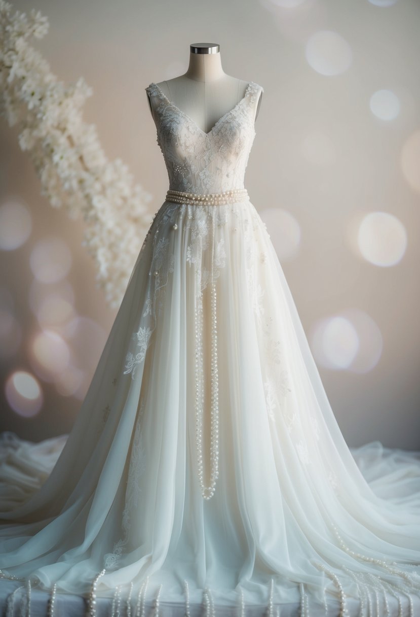 A flowing gown adorned with delicate pearls and lace, set against a soft, ethereal backdrop