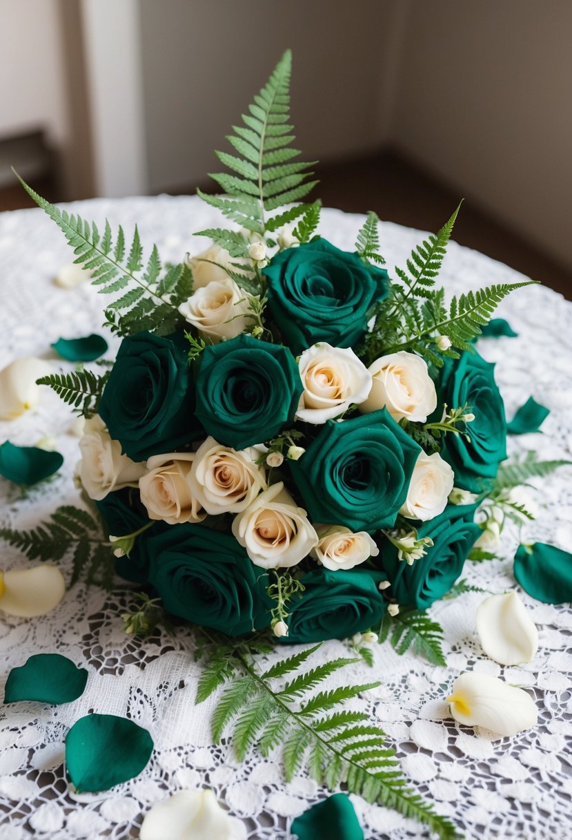 An emerald green wedding bouquet sits on a white lace tablecloth, surrounded by scattered rose petals and delicate fern leaves