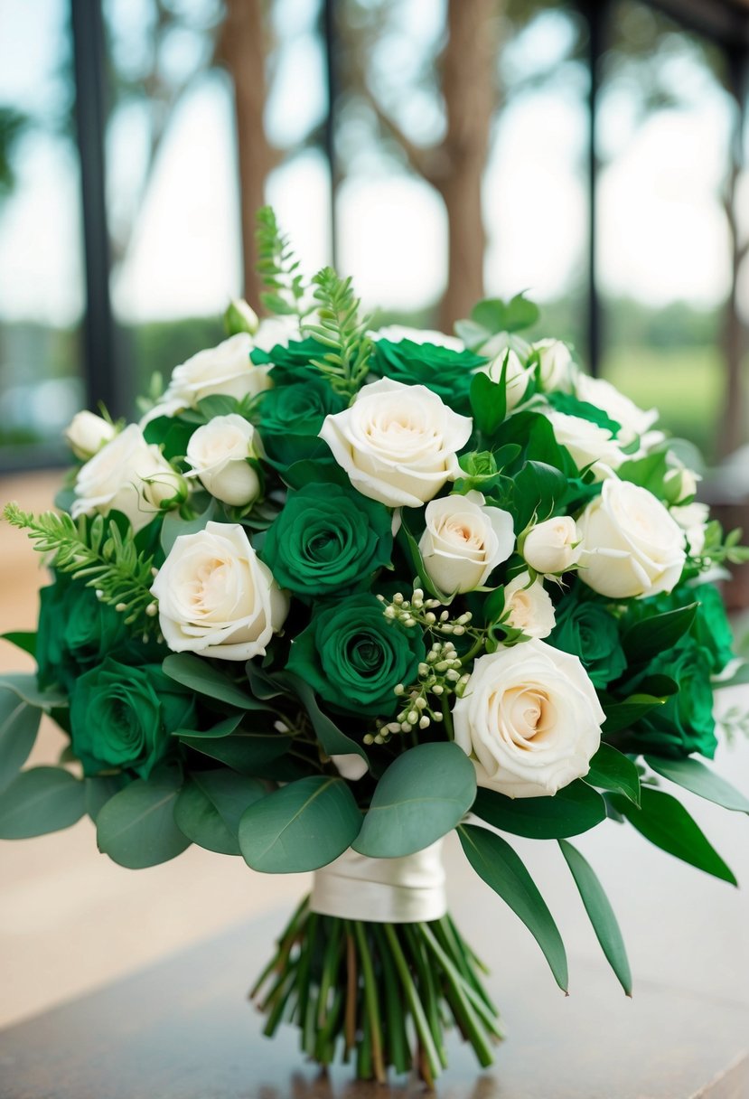 A lush emerald green wedding bouquet adorned with delicate white roses