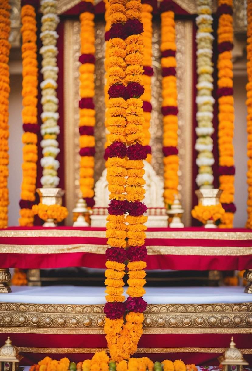 A vibrant marigold garland draped over a traditional Indian wedding altar, with intricate gold and red accents