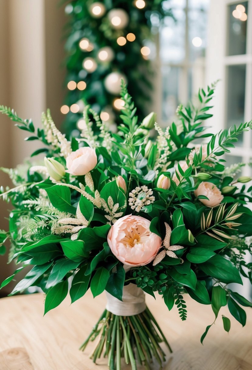 A lush bouquet of emerald green foliage and blush-toned flowers, accented with sparkling jewel-like details