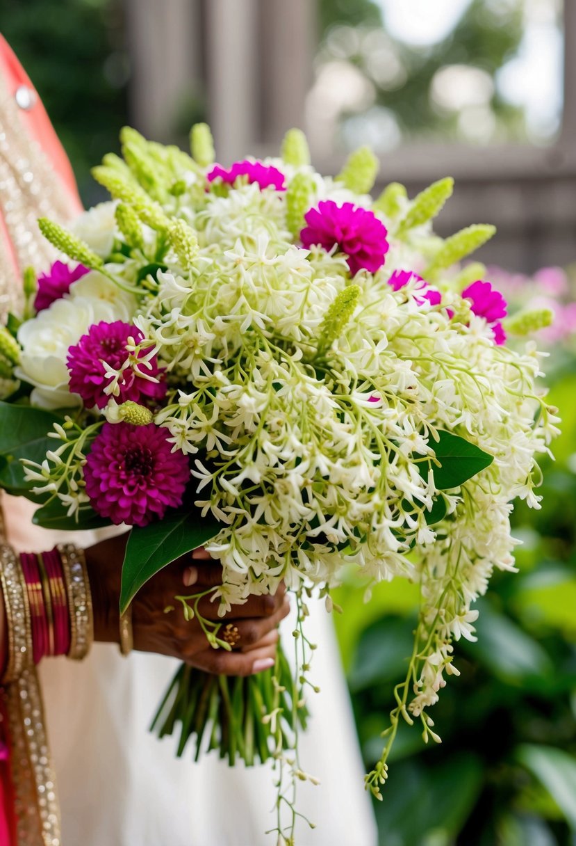 A lush bouquet of delicate jasmine threads intertwined with vibrant Indian wedding flowers