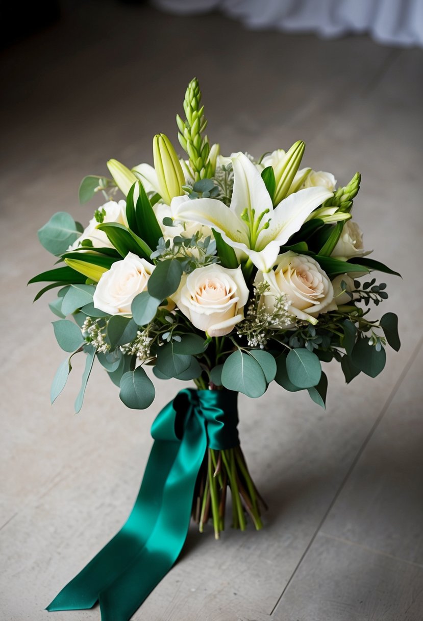 An emerald green and cream wedding bouquet with roses, eucalyptus, and lilies, tied with a satin ribbon