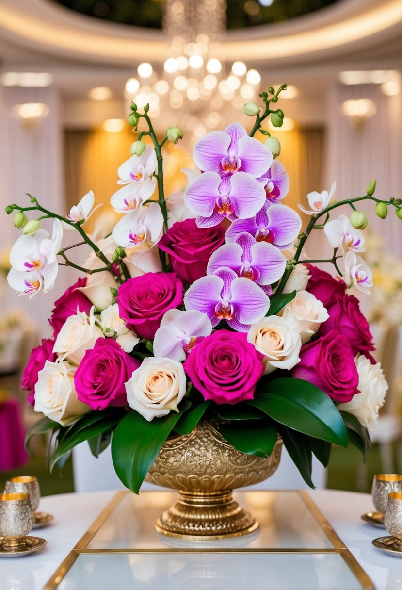 A lavish bouquet of vibrant roses and delicate orchids arranged in an opulent Indian wedding setting