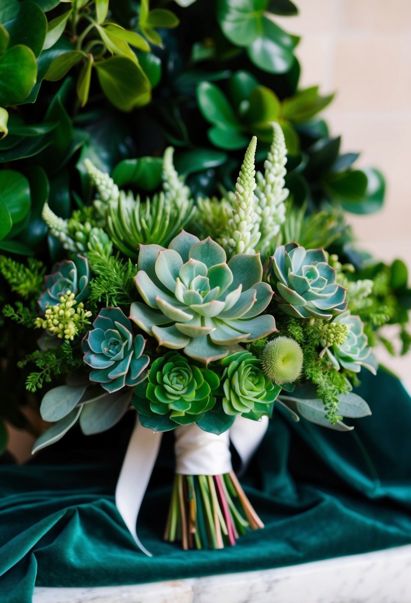 A lush emerald succulent bouquet with velvet touches, set against a backdrop of deep green foliage and soft natural light