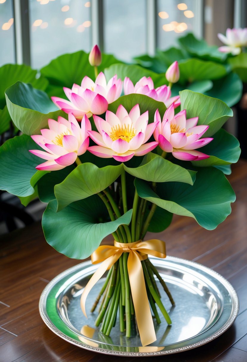 A vibrant bouquet of lotus flowers, adorned with delicate green leaves and tied with a golden ribbon, sits elegantly on a silver platter