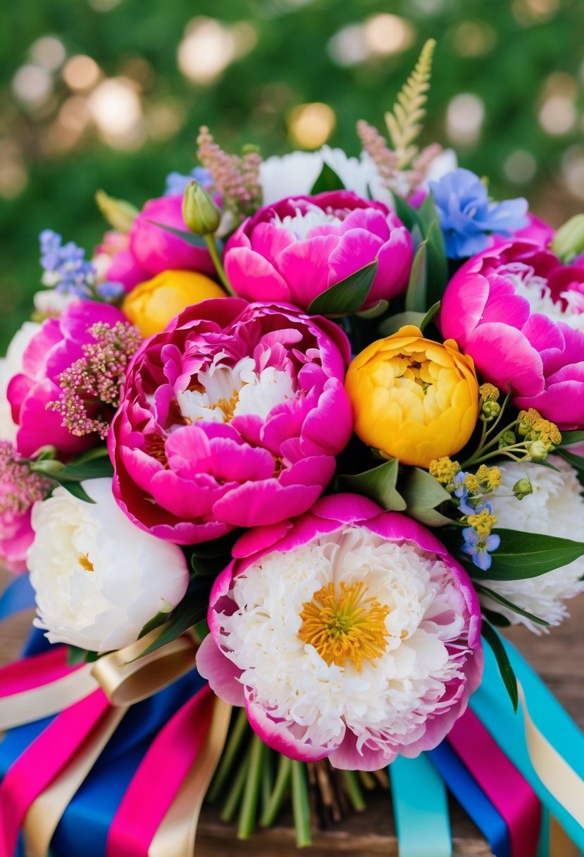 A vibrant peony bouquet with colorful ribbons, gold accents, and delicate floral details