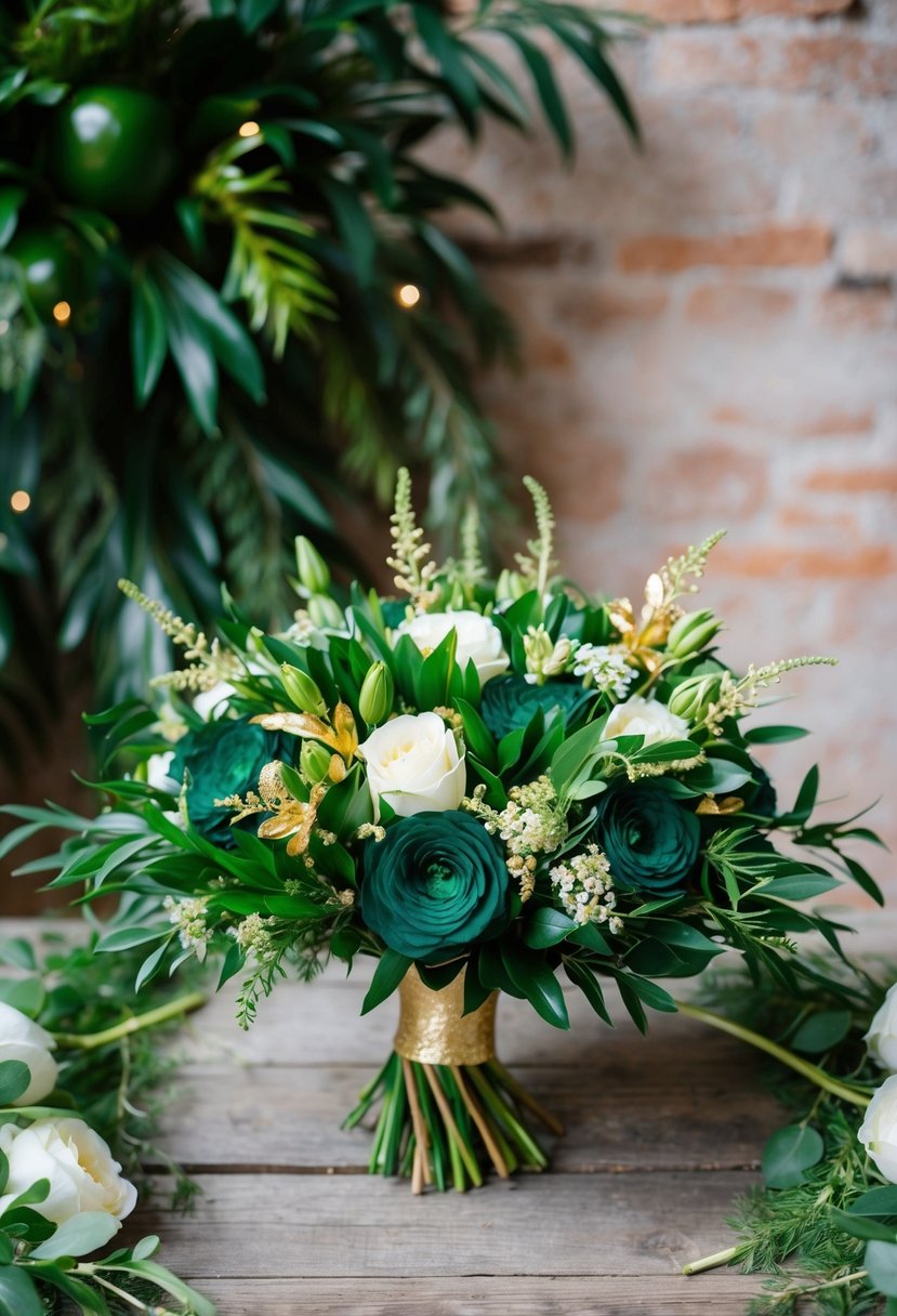 An emerald green bouquet with gold accents sits on a rustic wooden table, surrounded by lush greenery and delicate white flowers