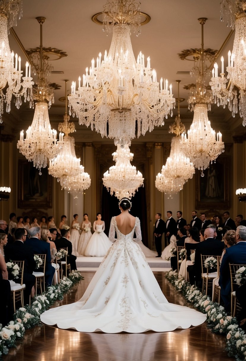 A grand ballroom with opulent chandeliers and a runway showcasing elegant and ornate wedding dresses fit for royalty