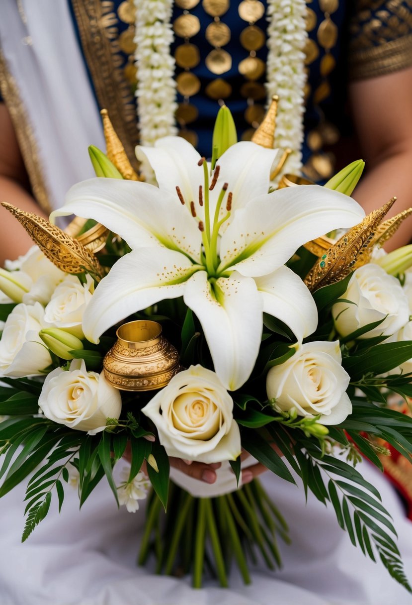 A white lily bouquet with gold accents and traditional Indian wedding elements