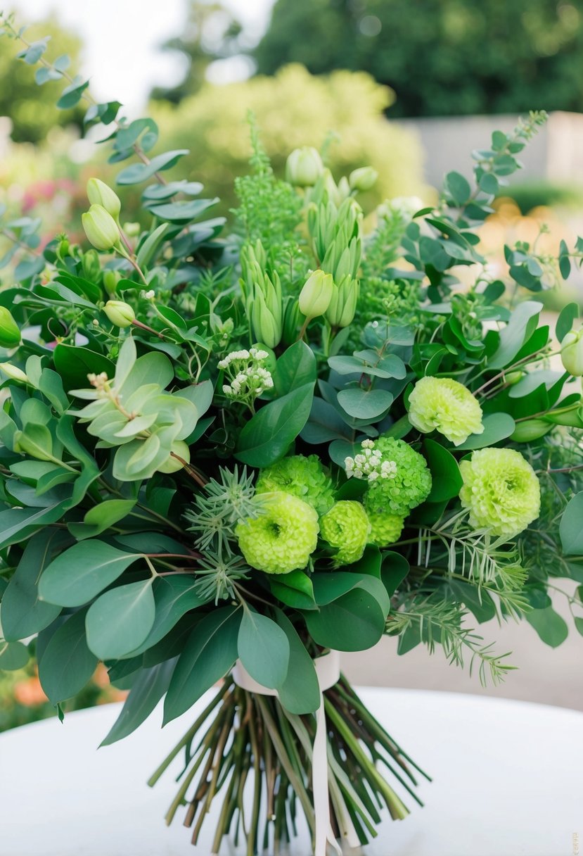 A vibrant bouquet of eucalyptus and lisianthus, bursting with lush greenery and delicate emerald blooms