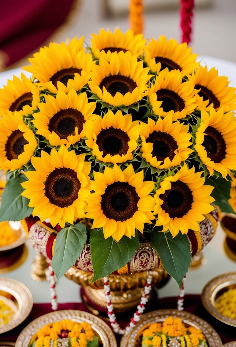 A vibrant cluster of cheerful sunflowers arranged with traditional Indian wedding motifs