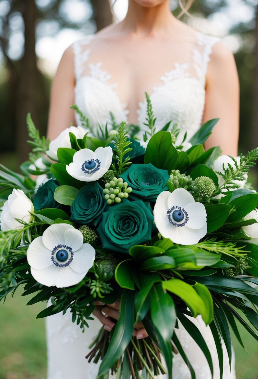 An elegant emerald green wedding bouquet with white anemones and lush greenery