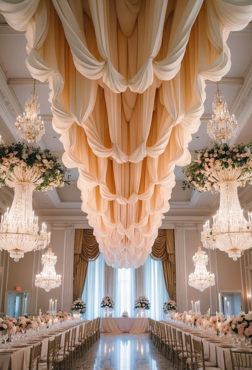 A grand ballroom with cascading meringue-inspired fabric draping from the ceiling, surrounded by opulent chandeliers and intricate floral arrangements