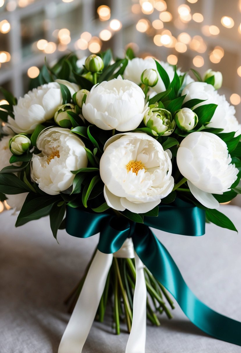 A lush bouquet of emerald and ivory peonies tied with satin ribbon