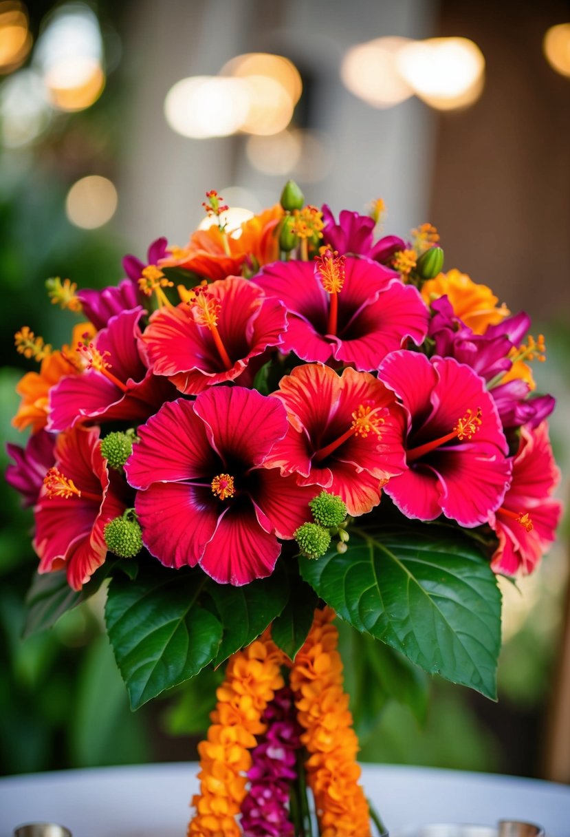 A vibrant bundle of rich hibiscus flowers arranged in an Indian wedding bouquet