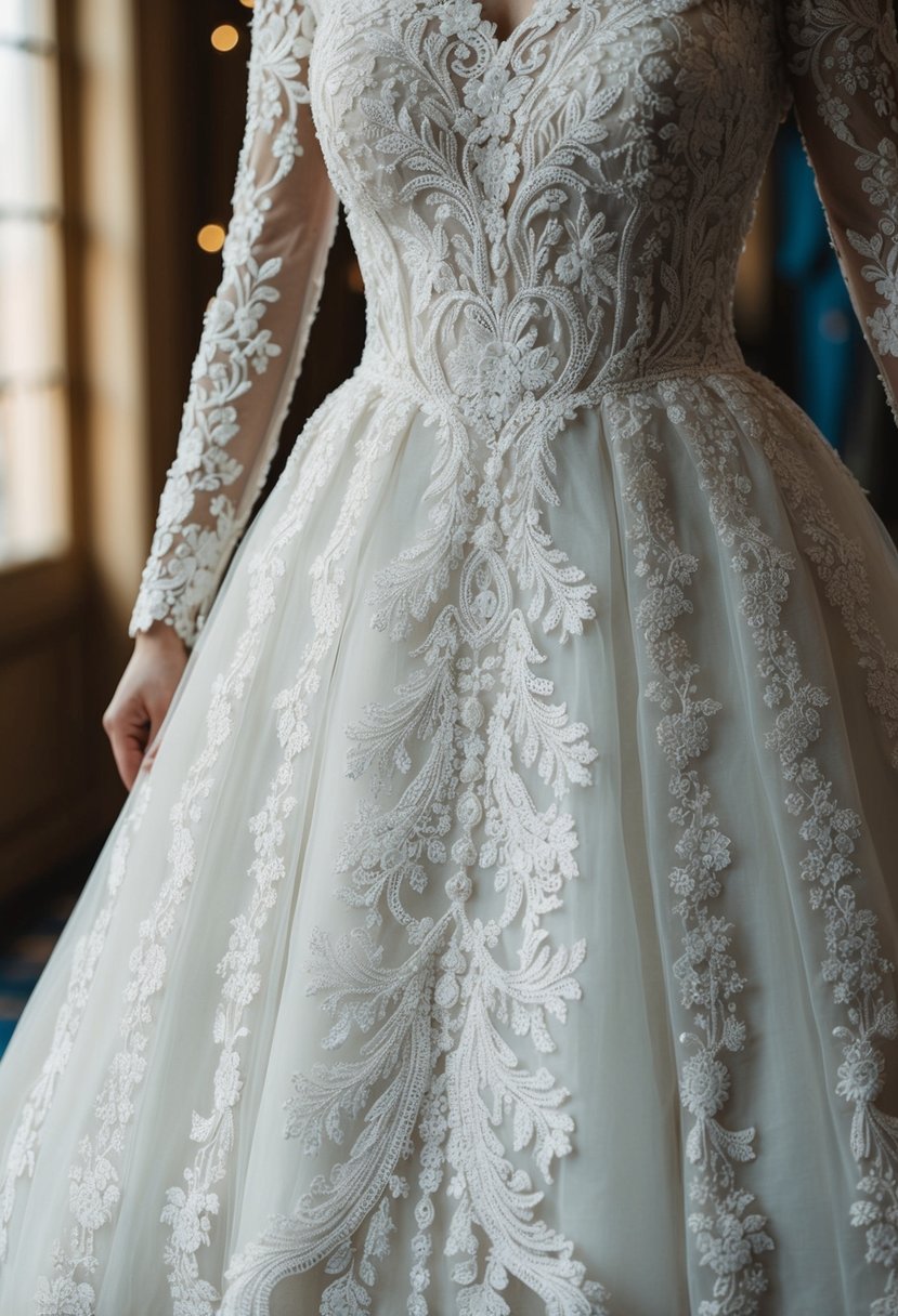 An ornate lace dress with intricate embroidery cascading down its length, fit for a royal wedding