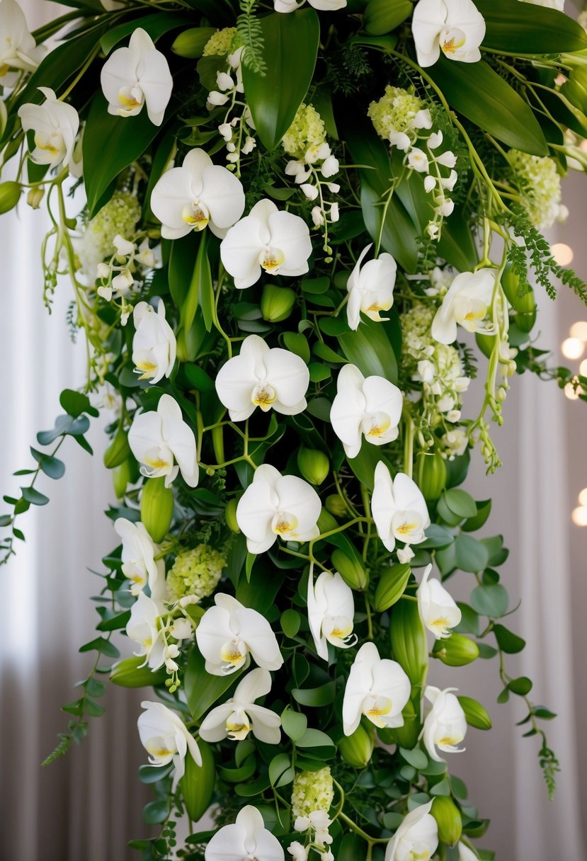 Emerald and white cascading orchids arranged in a lush, flowing bouquet, with delicate greenery and white blooms intertwined