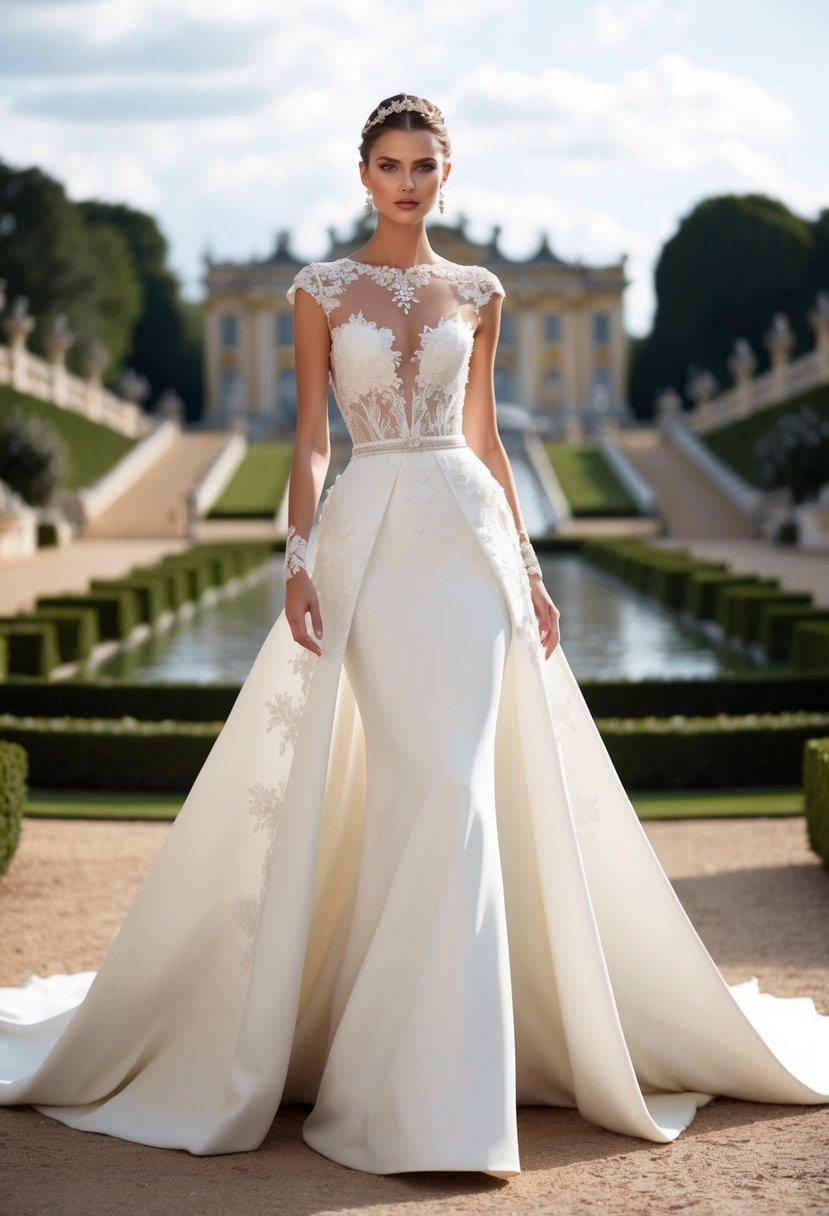 A regal, sleek Givenchy wedding dress design, adorned with delicate lace and elegant details, set against a backdrop of opulent palace gardens