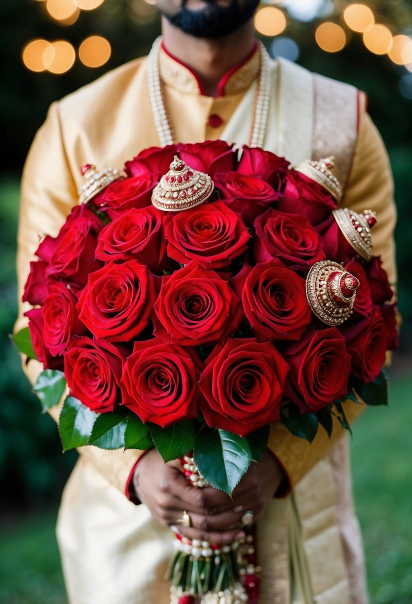 A classic red rose bouquet arranged with traditional Indian wedding elements