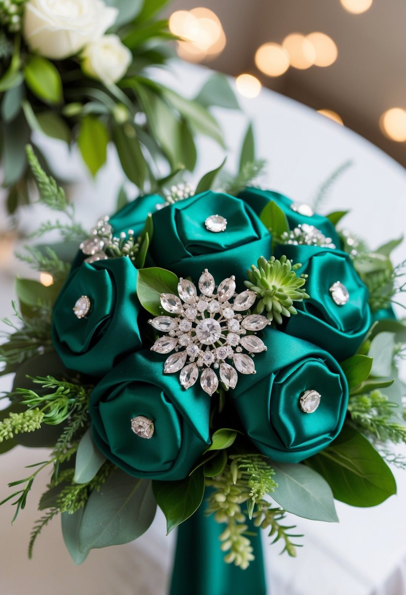 An emerald green satin and rhinestone wedding bouquet gleams under soft lighting, with lush greenery and delicate sparkle