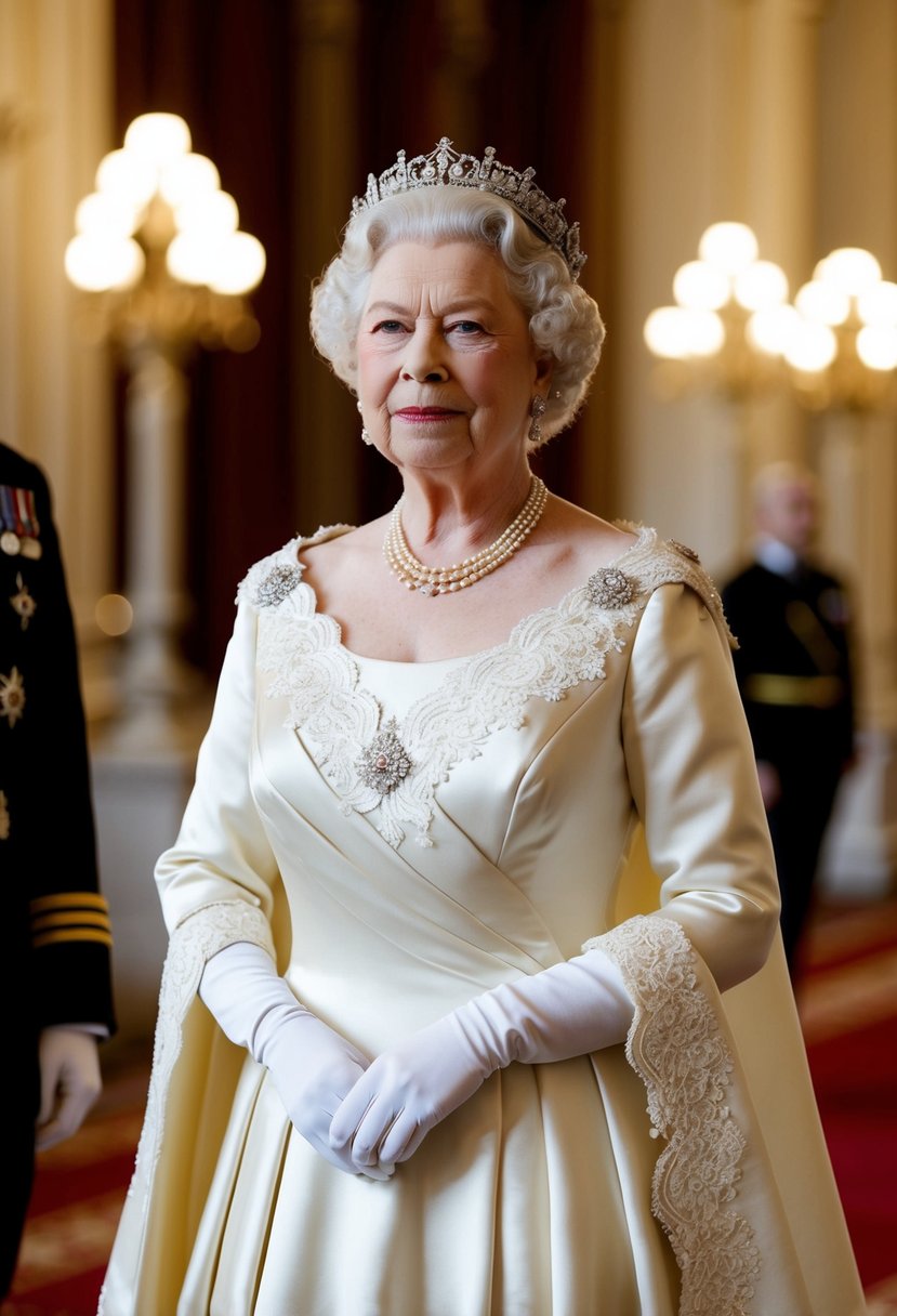 Queen Elizabeth II's satin gown cascades in regal elegance, adorned with intricate lace and delicate beading