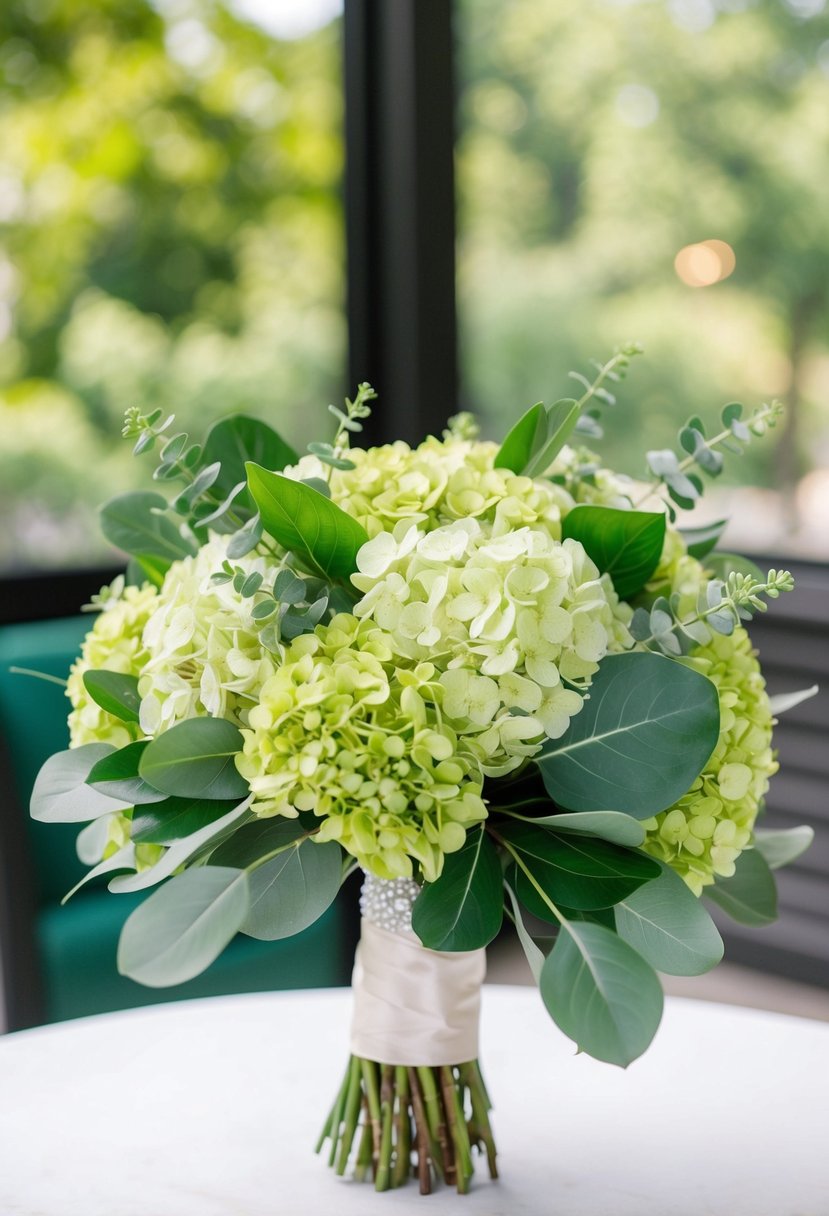 A lush emerald green wedding bouquet with hydrangeas and eucalyptus leaves