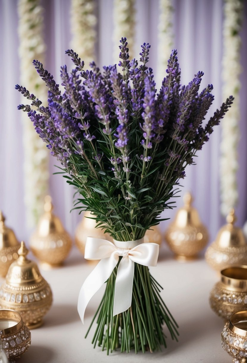 A lush bunch of fragrant lavender tied with a satin ribbon, surrounded by delicate Indian wedding decor